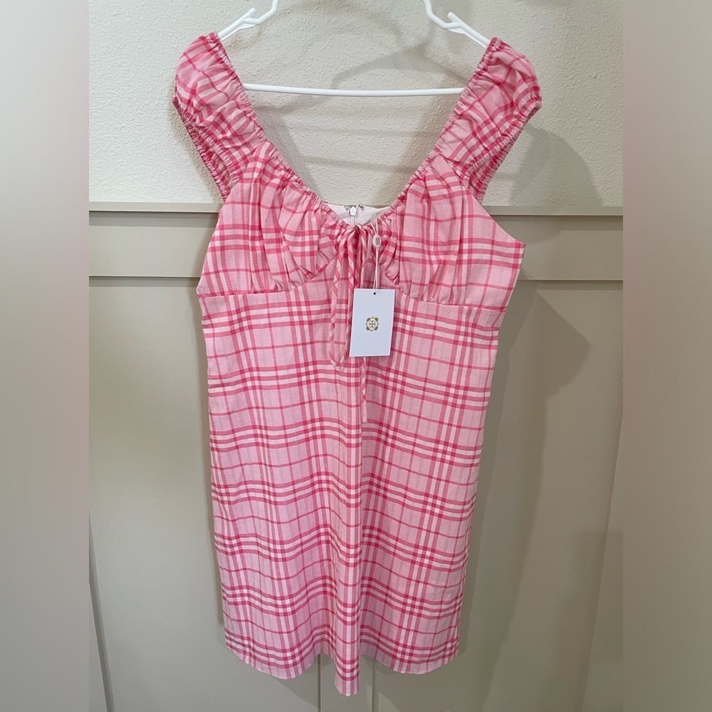 NWT WAYF Pink Plaid Mini Sundress Ruffle Sleeves Size Large